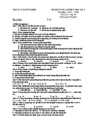 Đề kiểm tra 45 phút học kỳ I môn Vật lý Lớp 10 - Năm học 2019-2020 - Trung tâm Tín Khôi